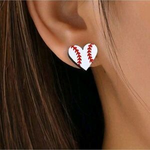 3 for $26 White and Red Baseball Heart Shaped Wood Design Stud Earrings